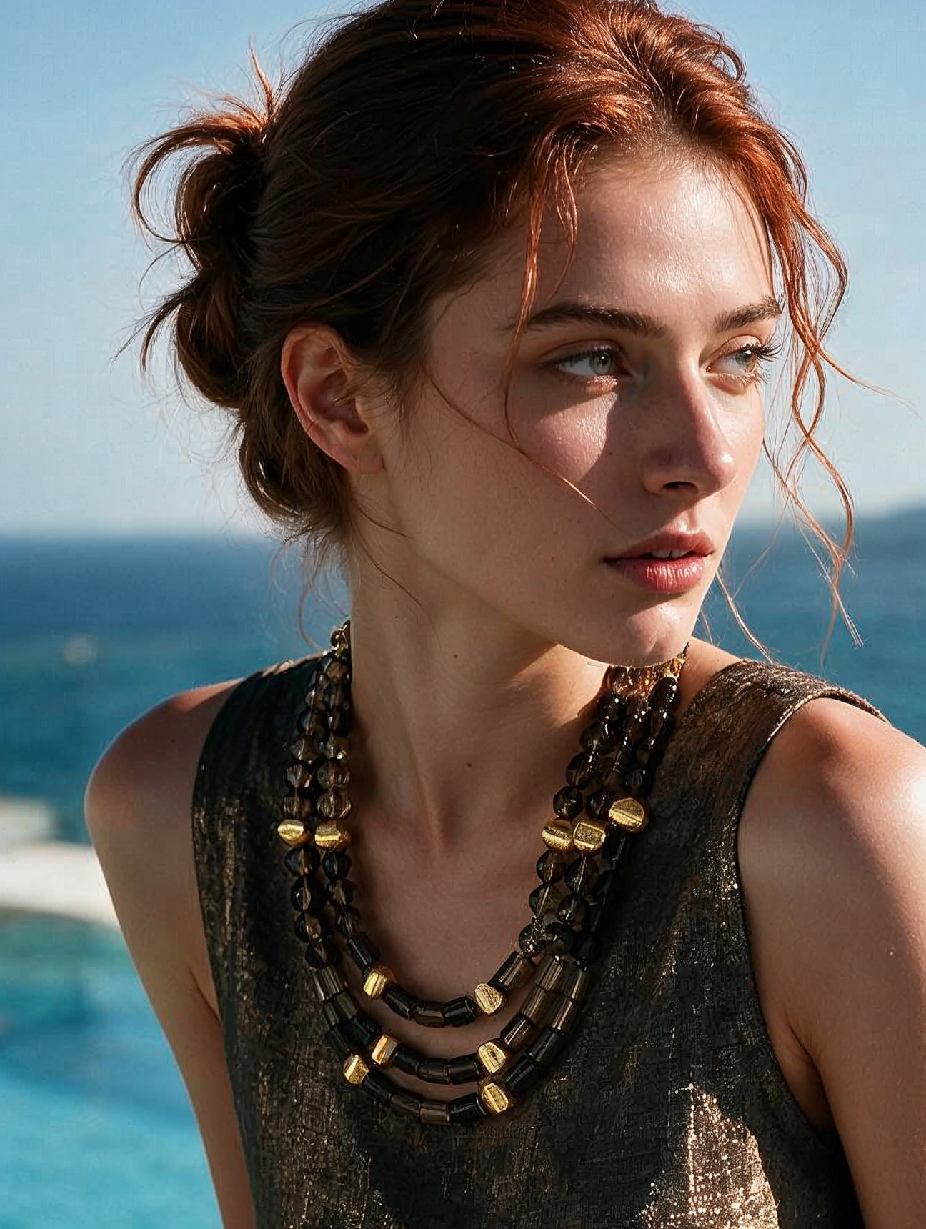 Collar Triple Statement con Cuarzo Ahumado Facetado, Cilindros Geométricos y Esferas con Baño de Oro de 22kt