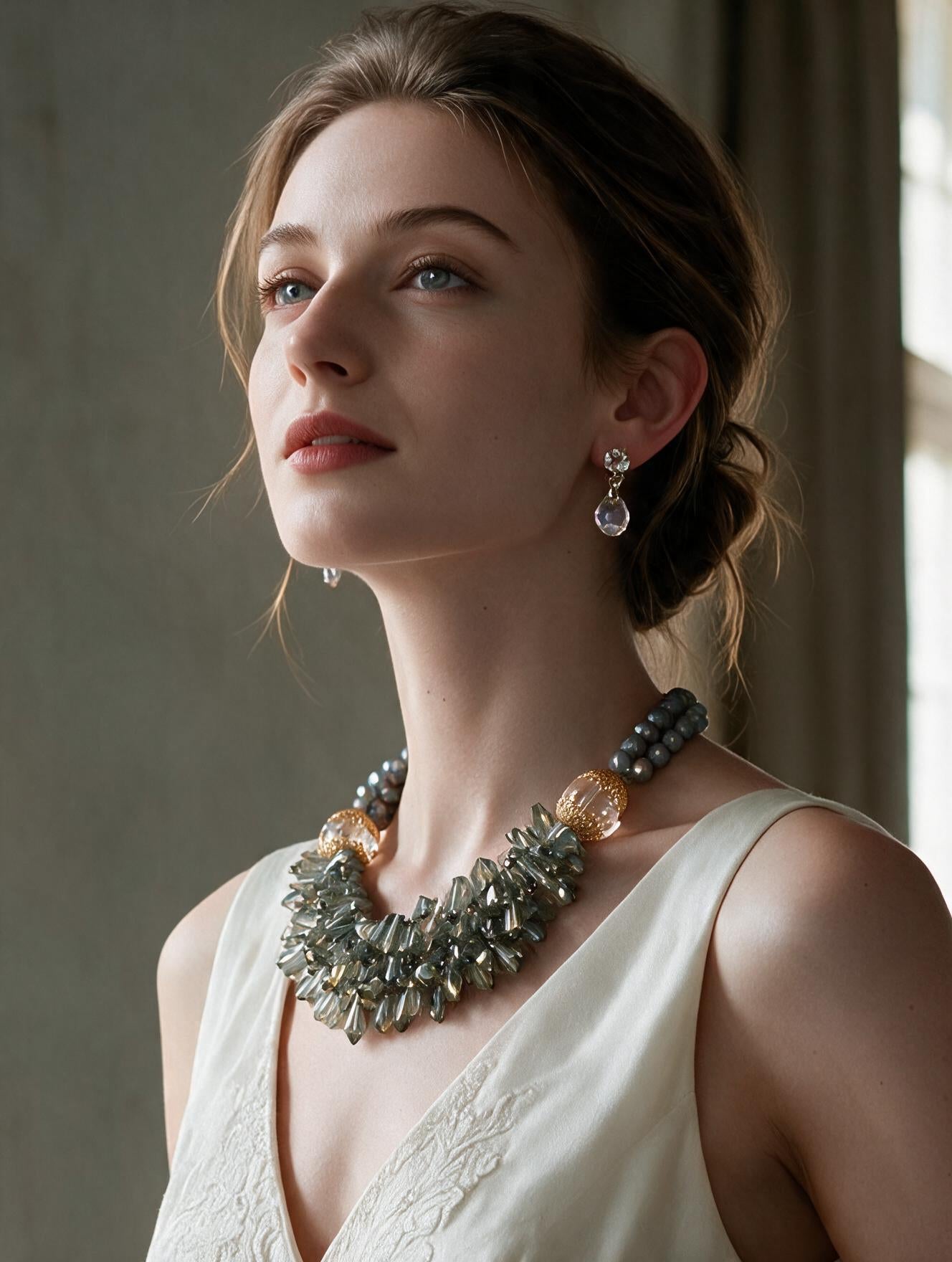 Collar Statement de Cristales Bicono Gris Iridiscente y Cuarzo con Acentos Filigranados en baño de oro de 22kt