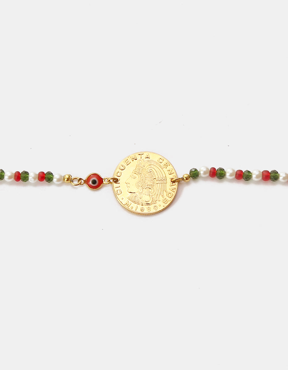 Pulsera Tricolor con Cristales Austriacos, Ojo Turco y Moneda Cuauhtémoc 50 Centavos en Baño de Oro de 22kt
