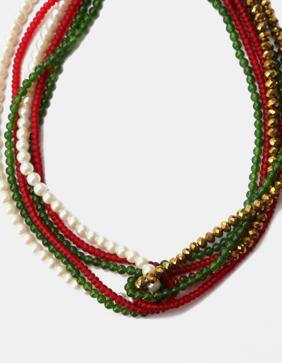 Collar Multihilo Tricolor de Cristales Austriacos y Perlas con Borla de Cadenas en Baño de Oro de 22kt