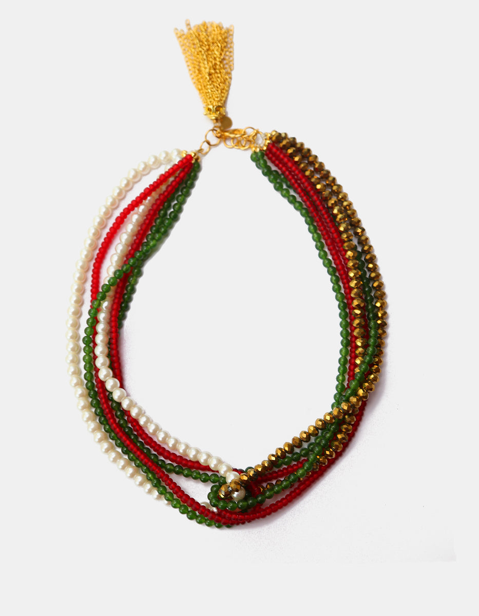 Collar Multihilo Tricolor de Cristales Austriacos y Perlas con Borla de Cadenas en Baño de Oro de 22kt