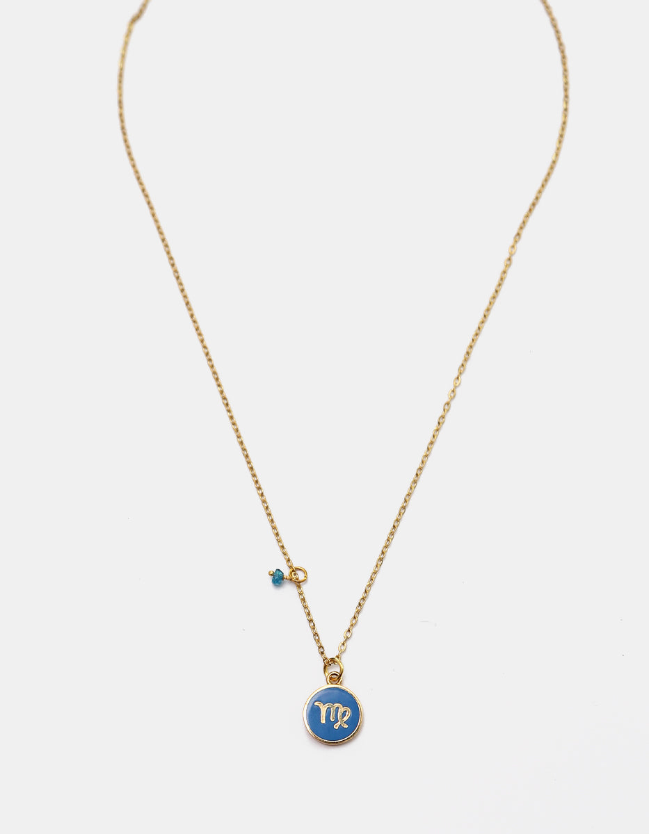 Collar Gold-Filled de 22kt con charm esmaltado de Virgo y cristal austriaco azul Zodiac