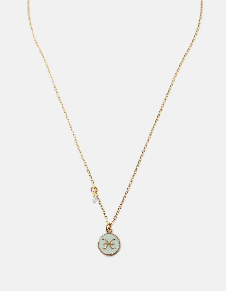 Collar Gold-Filled de 22kt con charm esmaltado de Piscis y cristal austriaco azul cielo Zodiac