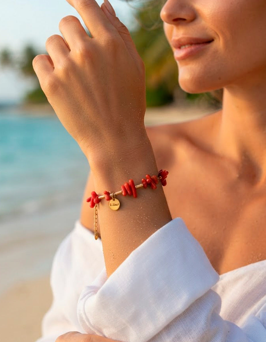 Pulsera de astillas de baquelita roja y canutillos en Gold-Filled Ultramar