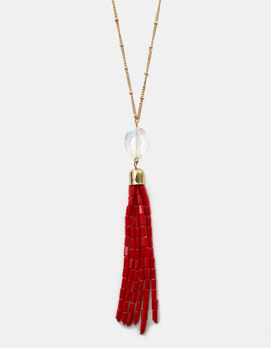 Collar Largo en Bronce con Baño Vermeil de 22K, Cristal Facetado e Inserción de Borla Roja Ultramar