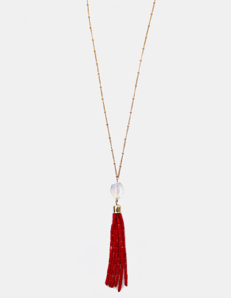 Collar Largo en Bronce con Baño Vermeil de 22K, Cristal Facetado e Inserción de Borla Roja Ultramar
