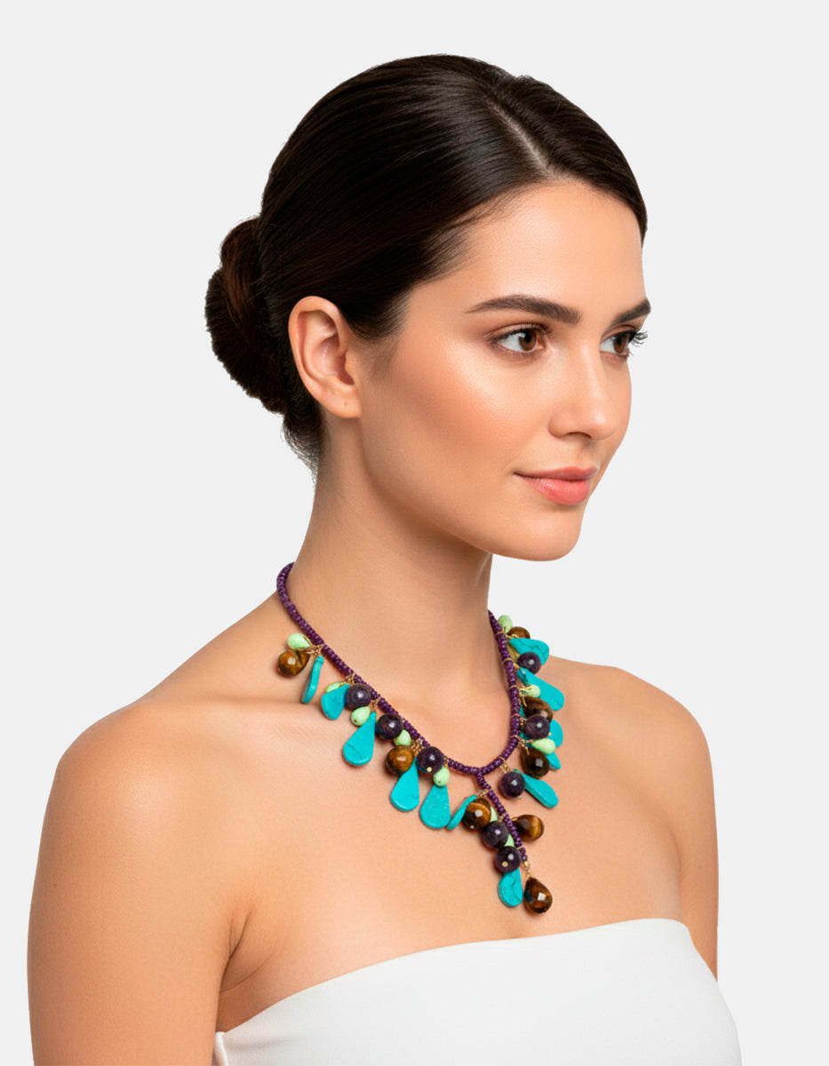 Collar en Bronce con Baño Vermeil 22 kt y Gema Turquesa