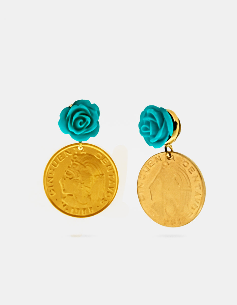 Aretes con rosas verde turquesa y monedas auténticas Memorias