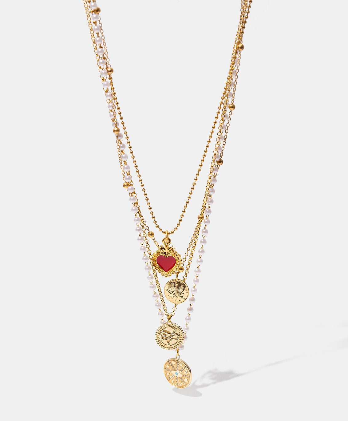 Collar monedas auténticas con dije de corazón y perlas Mabe Memorias