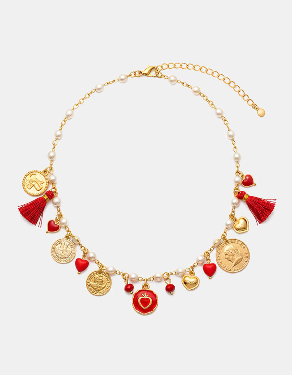 Collar monedas auténticas con dije de corazón y perlas Mabe Memorias