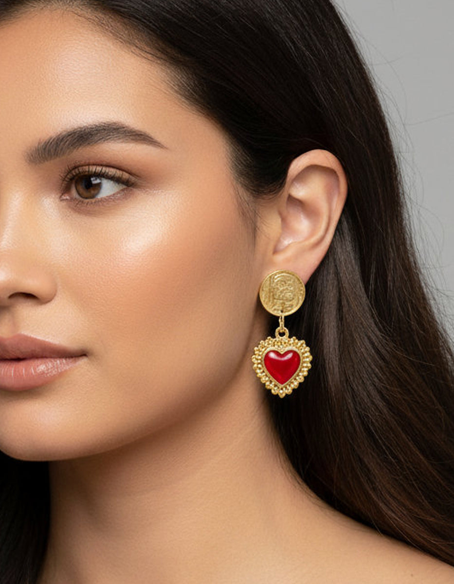 Aretes con dije de corazón y monedas auténticas Memorias
