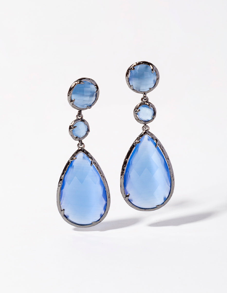 Aretes de bronce en baño de Rutenio con piedras naturales Ojo de Gato tono Azul Royal