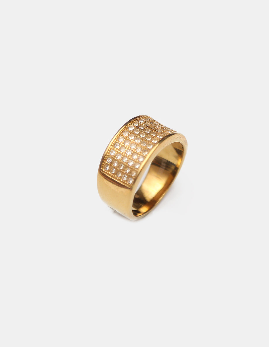 Anillo de Acero Inoxidable con Baño Oro 22K y Espinolitas Blancas Talla 11