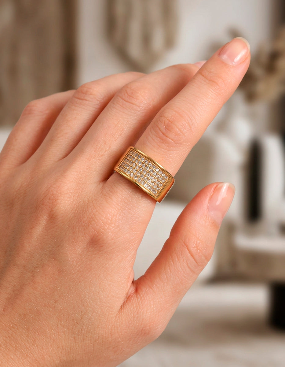 Anillo de Acero Inoxidable con Baño Oro 22K y Espinolitas Blancas Talla 11