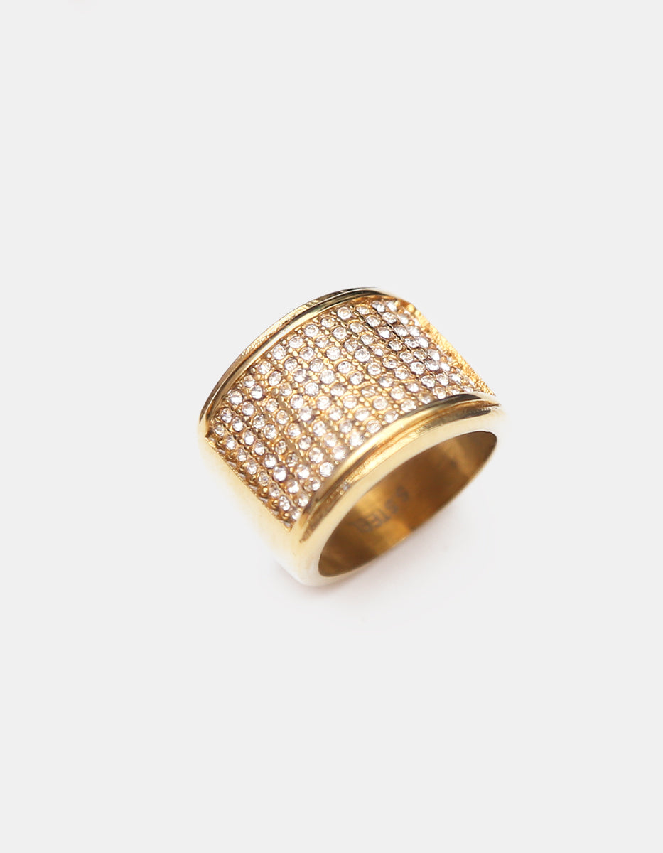 Anillo de Acero Inoxidable con Baño Oro 22K y Espinolitas Blancas Talla 8