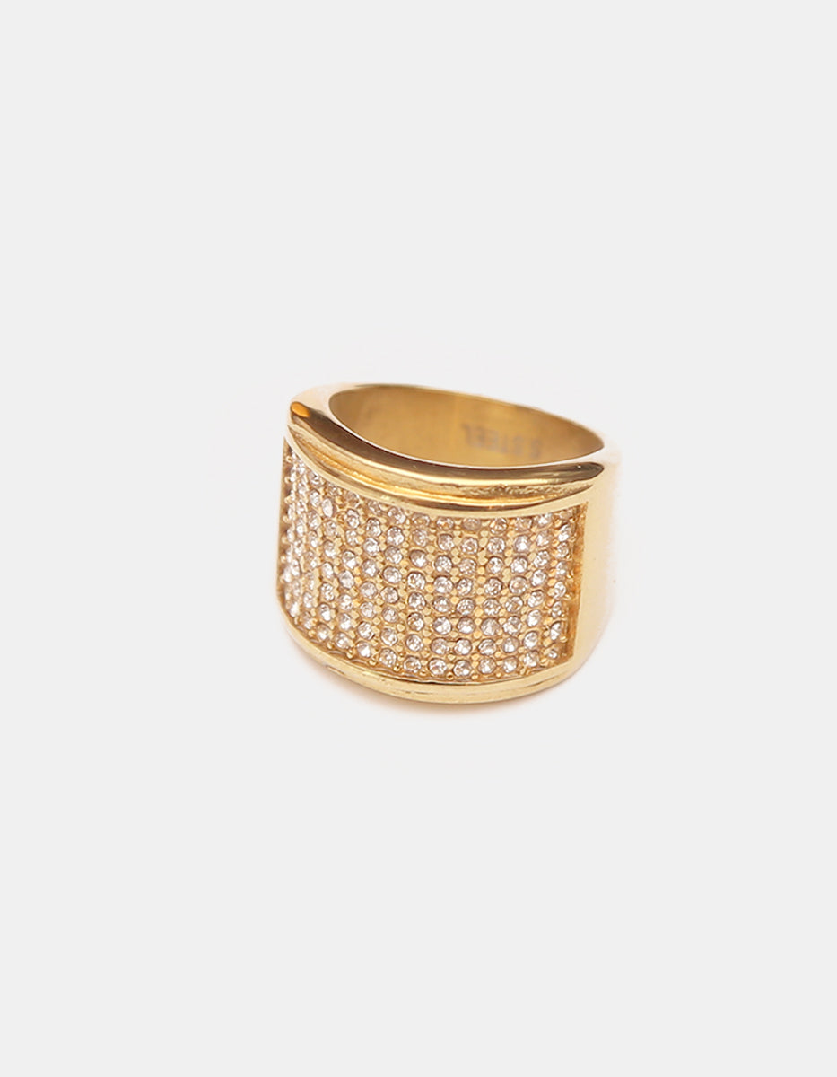 Anillo de Acero Inoxidable con Baño Oro 22K y Espinolitas Blancas Talla 8