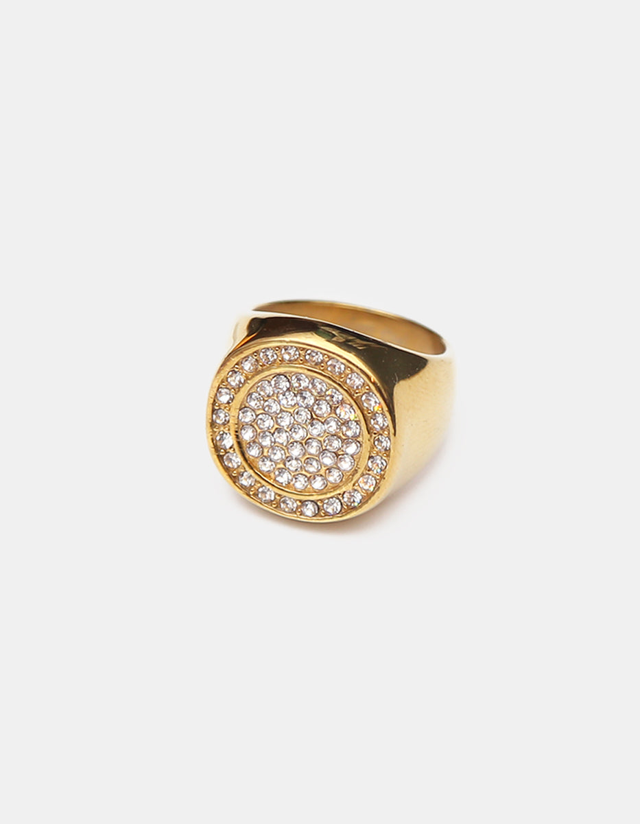 Anillo de Acero Inoxidable con Baño Oro 22K y Espinolitas Blancas Talla 8