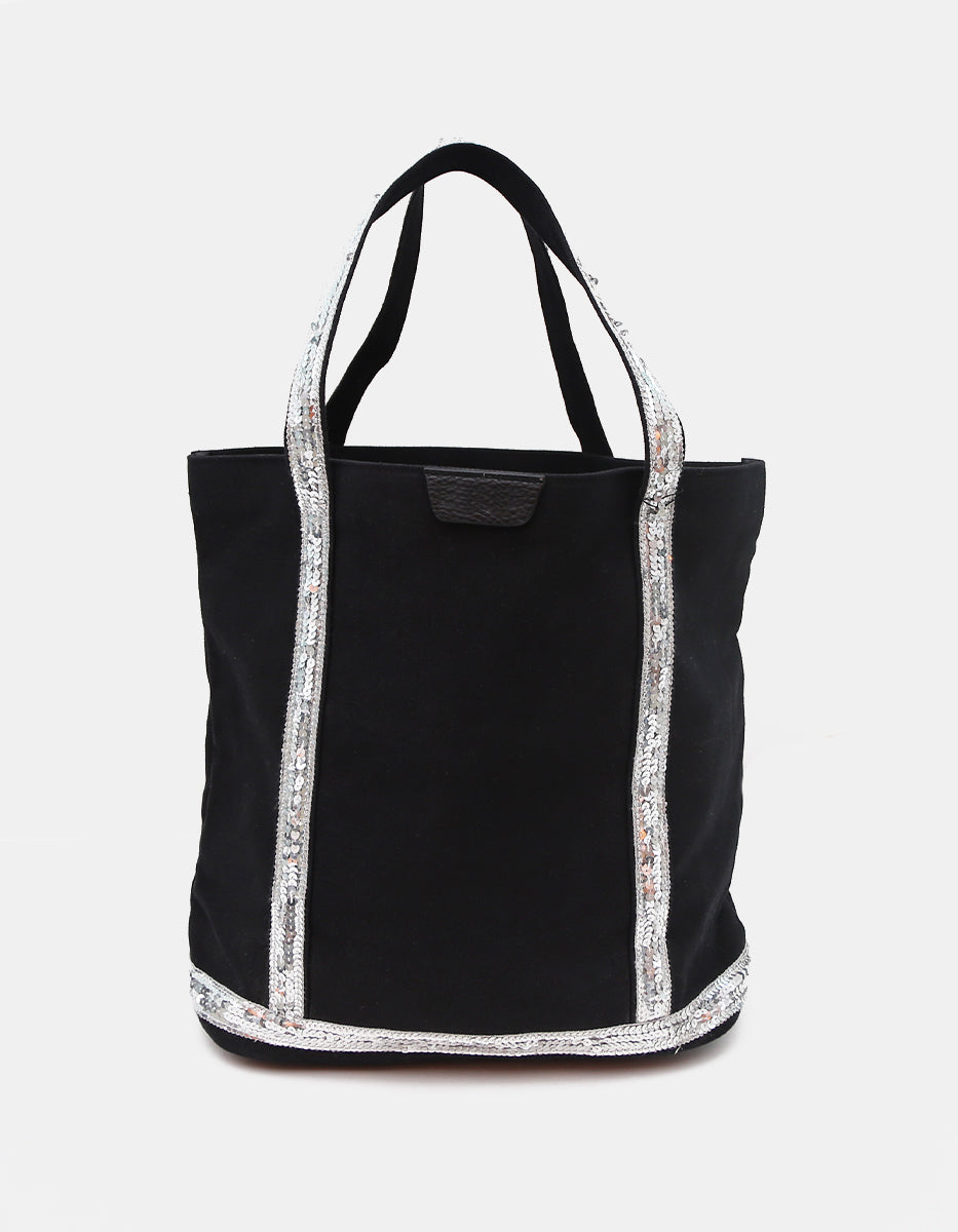 Bolso tote de lona negra con franjas de lentejuelas plateadas y asas al hombro