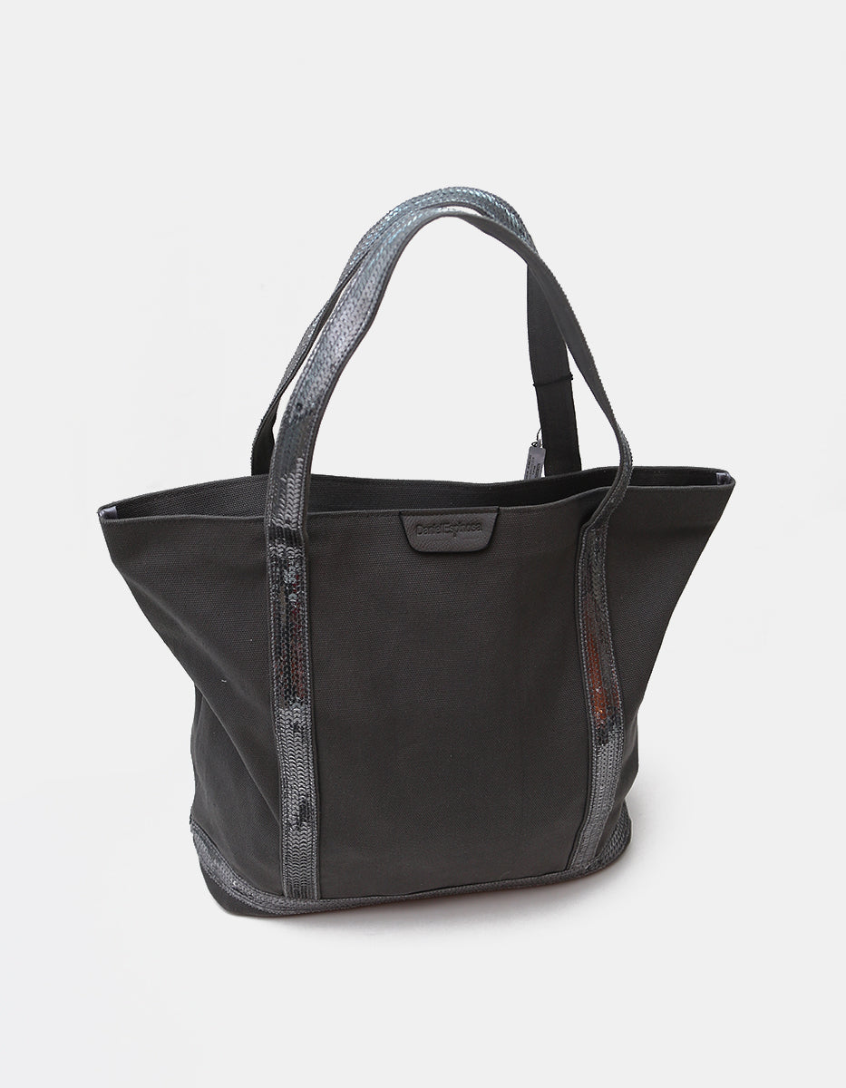 Bolso tote de lona negra con franjas de lentejuelas plateadas y asas al hombro
