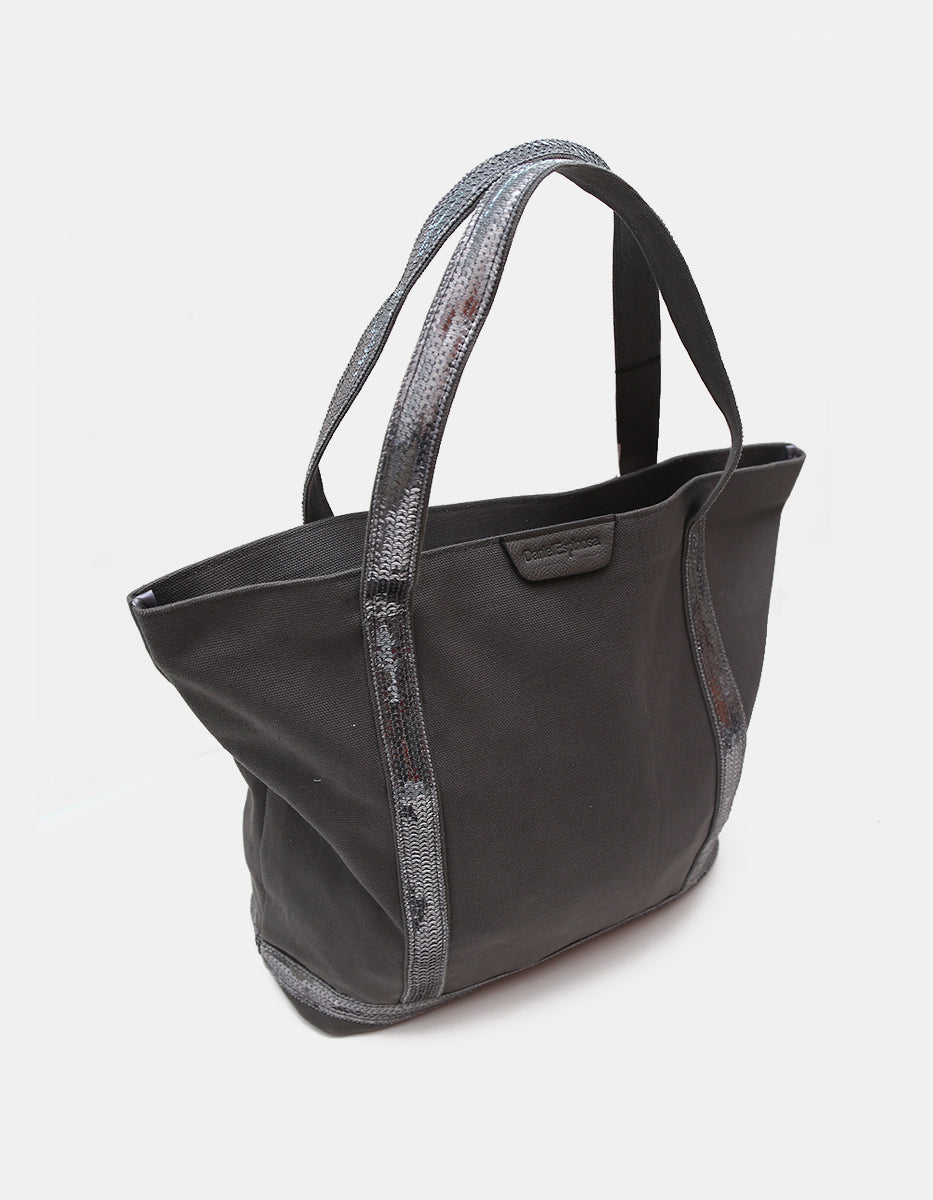 Bolso tote de lona negra con franjas de lentejuelas plateadas y asas al hombro
