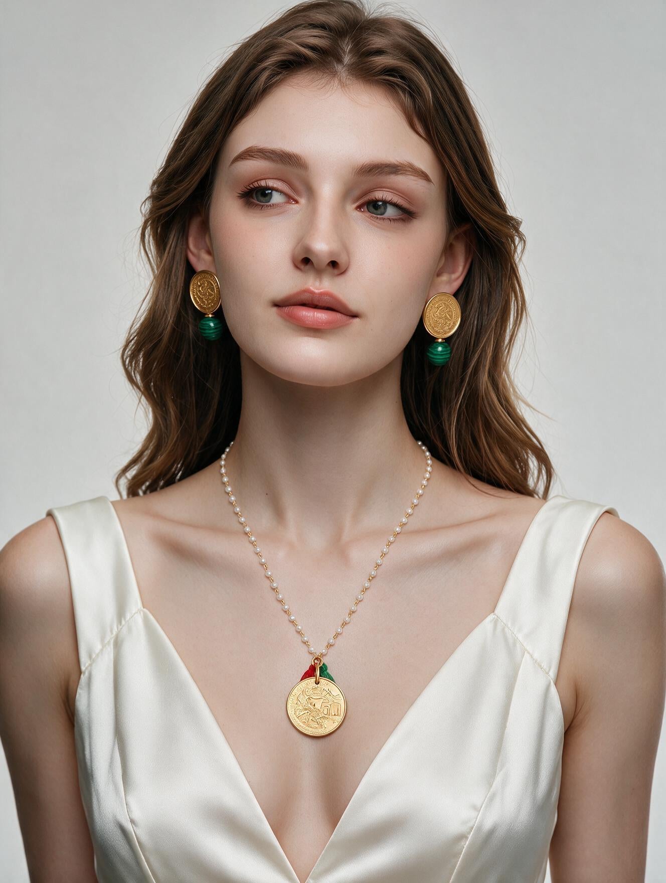 Collar con Cadena de Perlas, Dije de Moneda de 50 Pesos Coyolxauhqui e Hilo de Seda Tricolor en Baño de Oro de 22kt