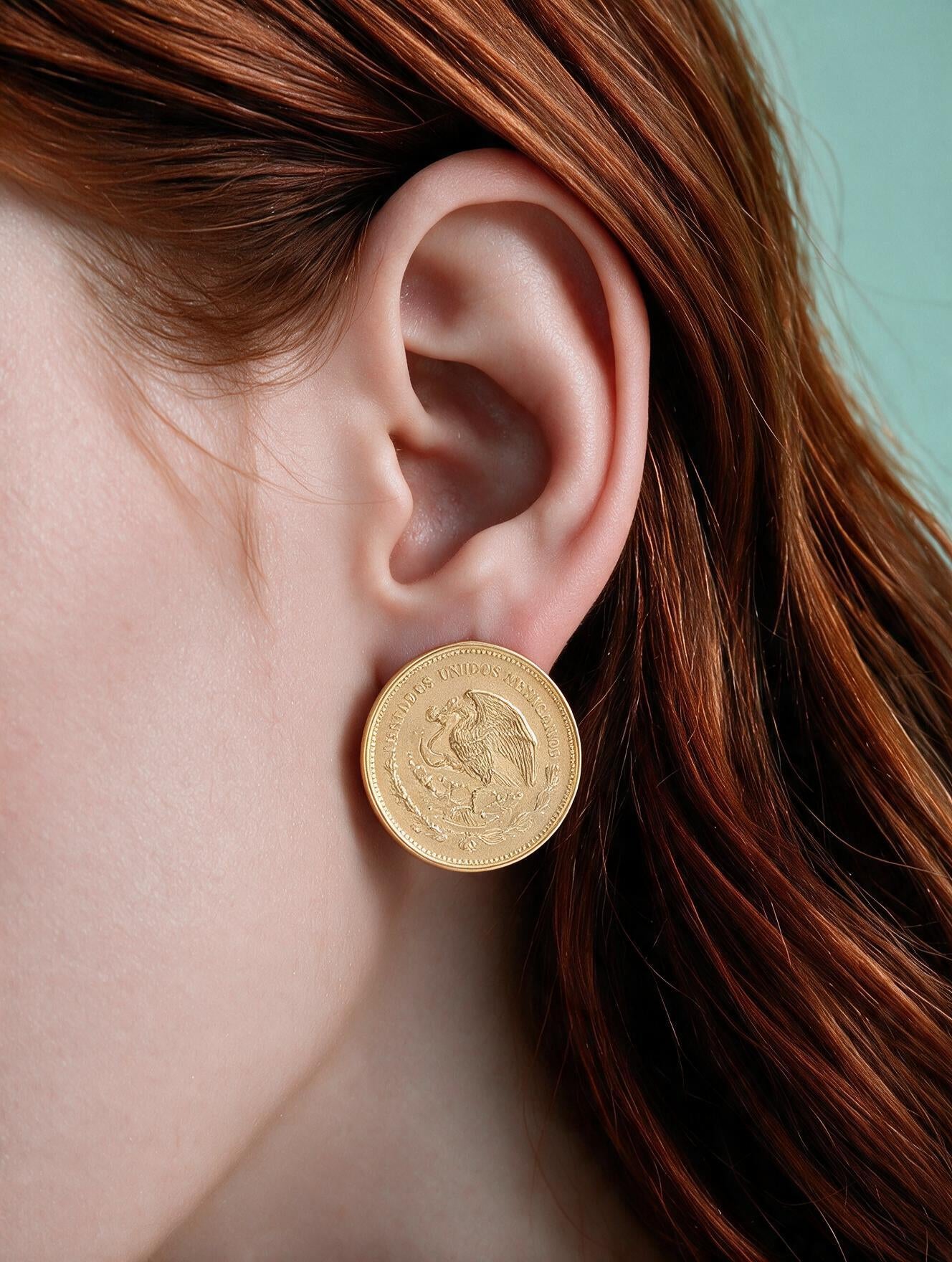 Aretes de Moneda de 5 Pesos Quetzalcóatl en Baño de Oro de 22kt
