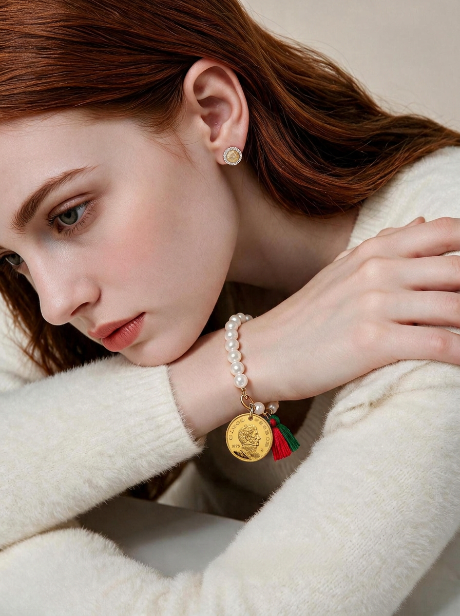 Pulsera de Perlas Mabe con Moneda de Cinco Pesos Vicente Guerrero y Hilo de Seda Tricolor en Baño de Oro