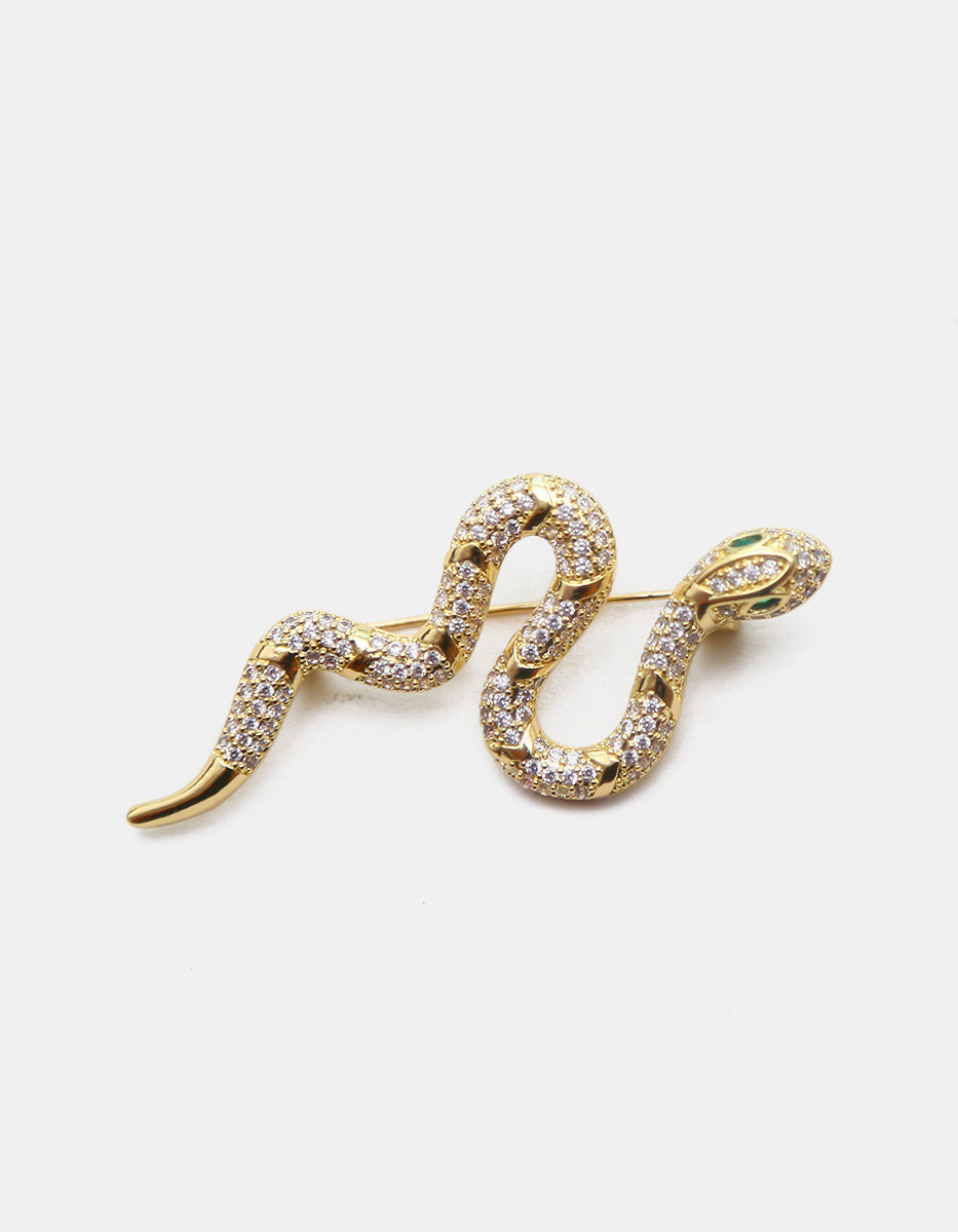 Pin en oro laminado de 22 kt en forma de serpiente con topacios blancos y esmeraldas Festive Style