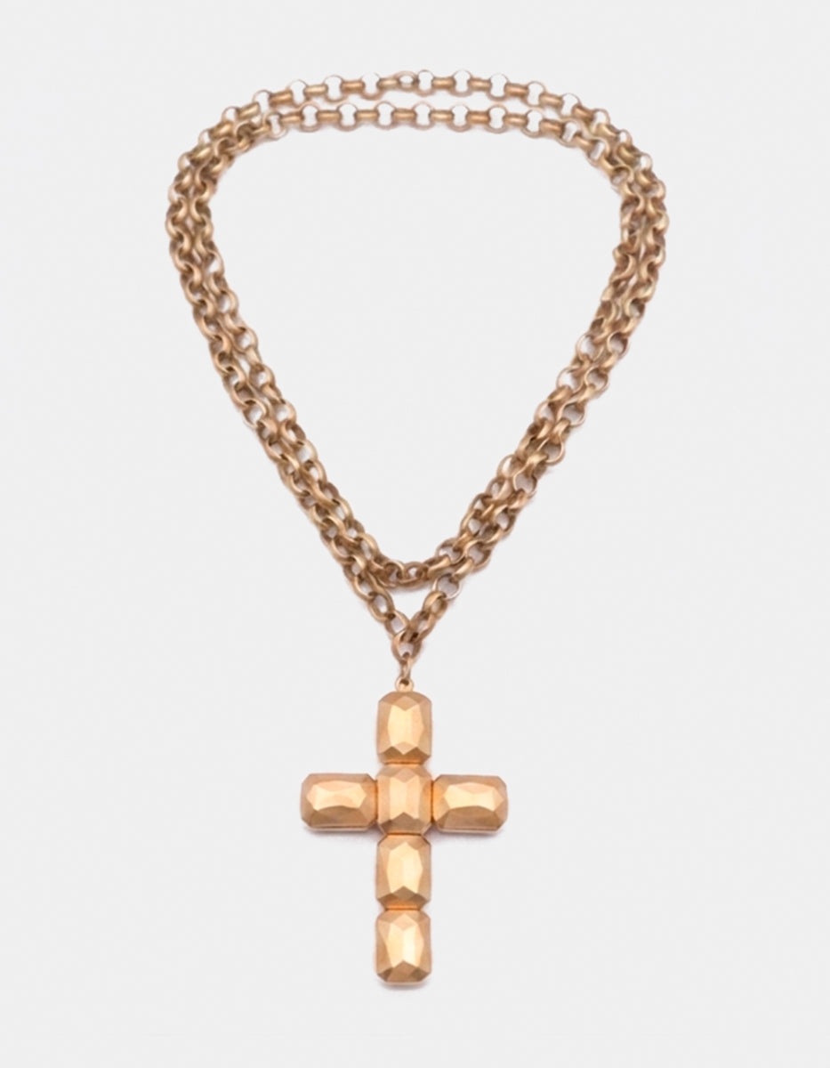Collar de cadena rolo con dije de cruz facetada en gold-filled mate Golden Chic