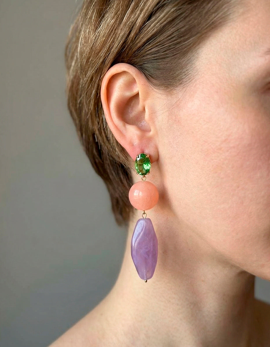 Aretes de peridoto con baquelitas rosa y amatista Mandragora