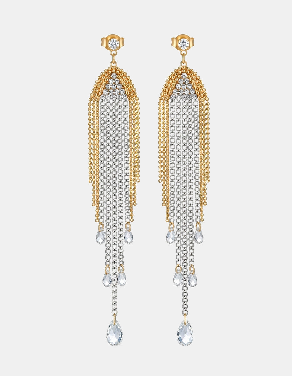 Aretes de oro laminado 22k con 5 cadenas con cristal y 6 cadenas de bolitas doradas