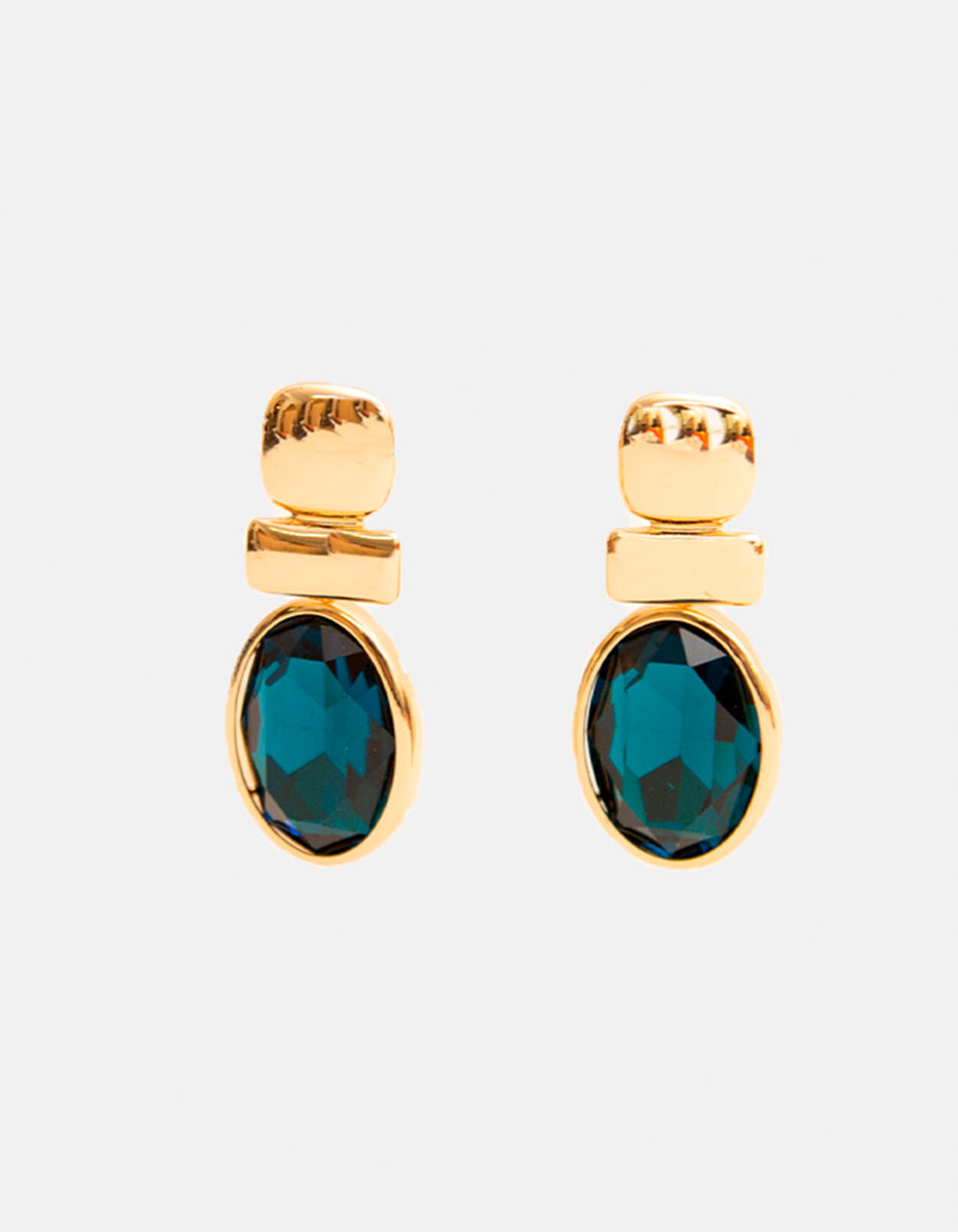 Aretes en bronce con baño vermeil 22 kt y espinolita tono azul profundo en óvalo Marquesa