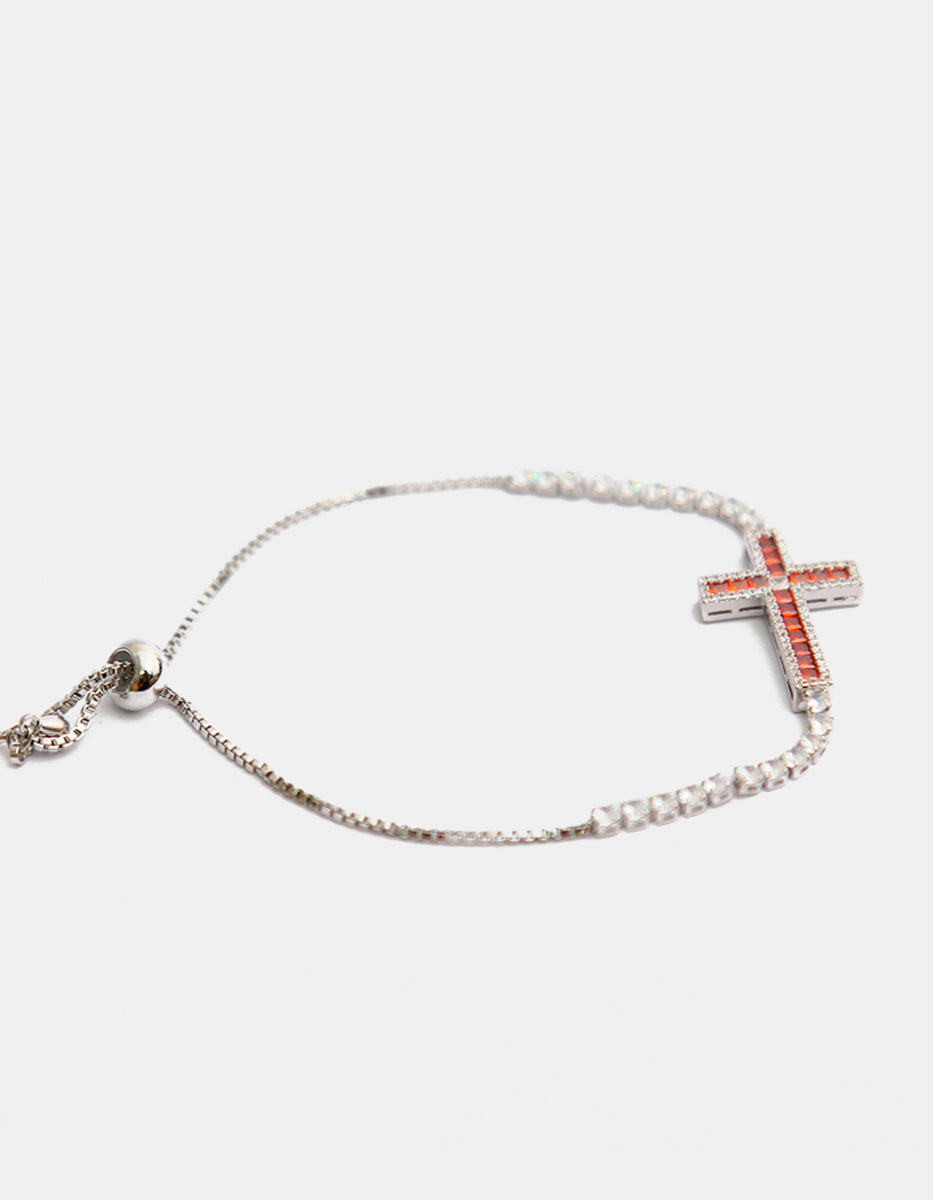 ⚡Ei Pulsera en Plata .925 con Baño de Rodio y Piedra Granate Roja en Forma de Cruz de 2.5 cm