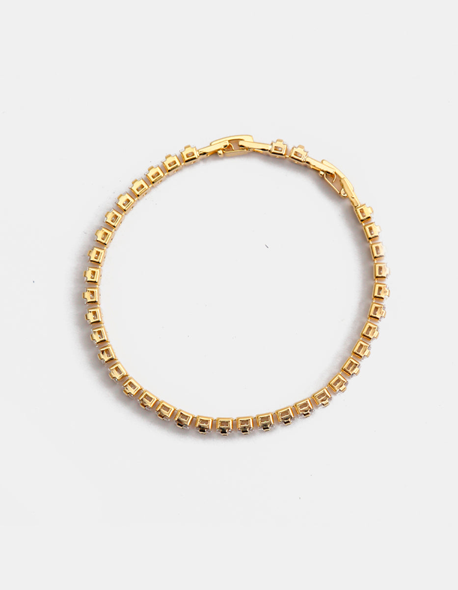 ⚡Ei Pulsera en Plata .925 con Baño de Oro 22 kt y Topacios Blancos en Forma Rectangular