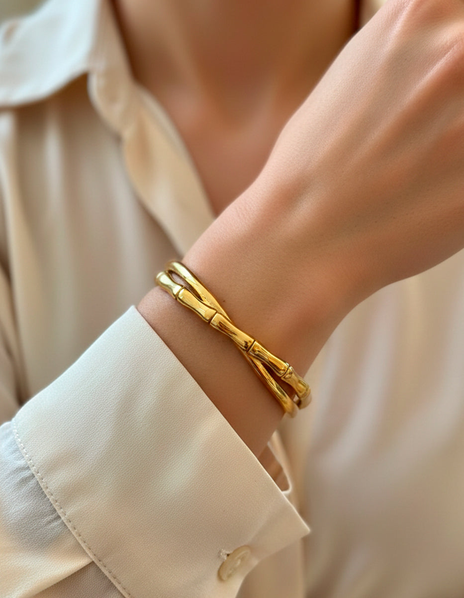 Brazalete oro laminado entrelazado bambú & media caña Golden Chic