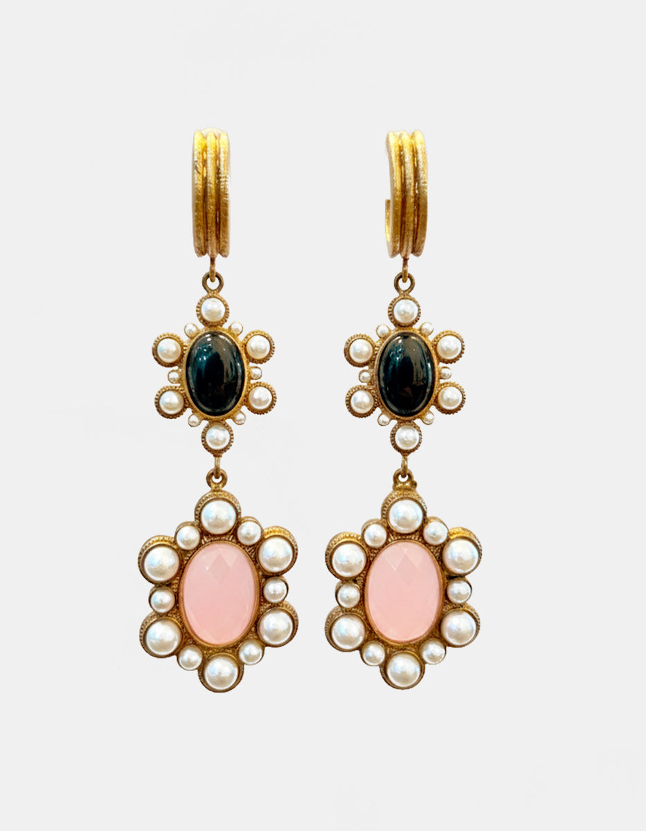 Aretes Duquesa en Bronce con Baño de Oro 22 kt, Espinolita Azul, Ágata Rosa y Perla Mabe