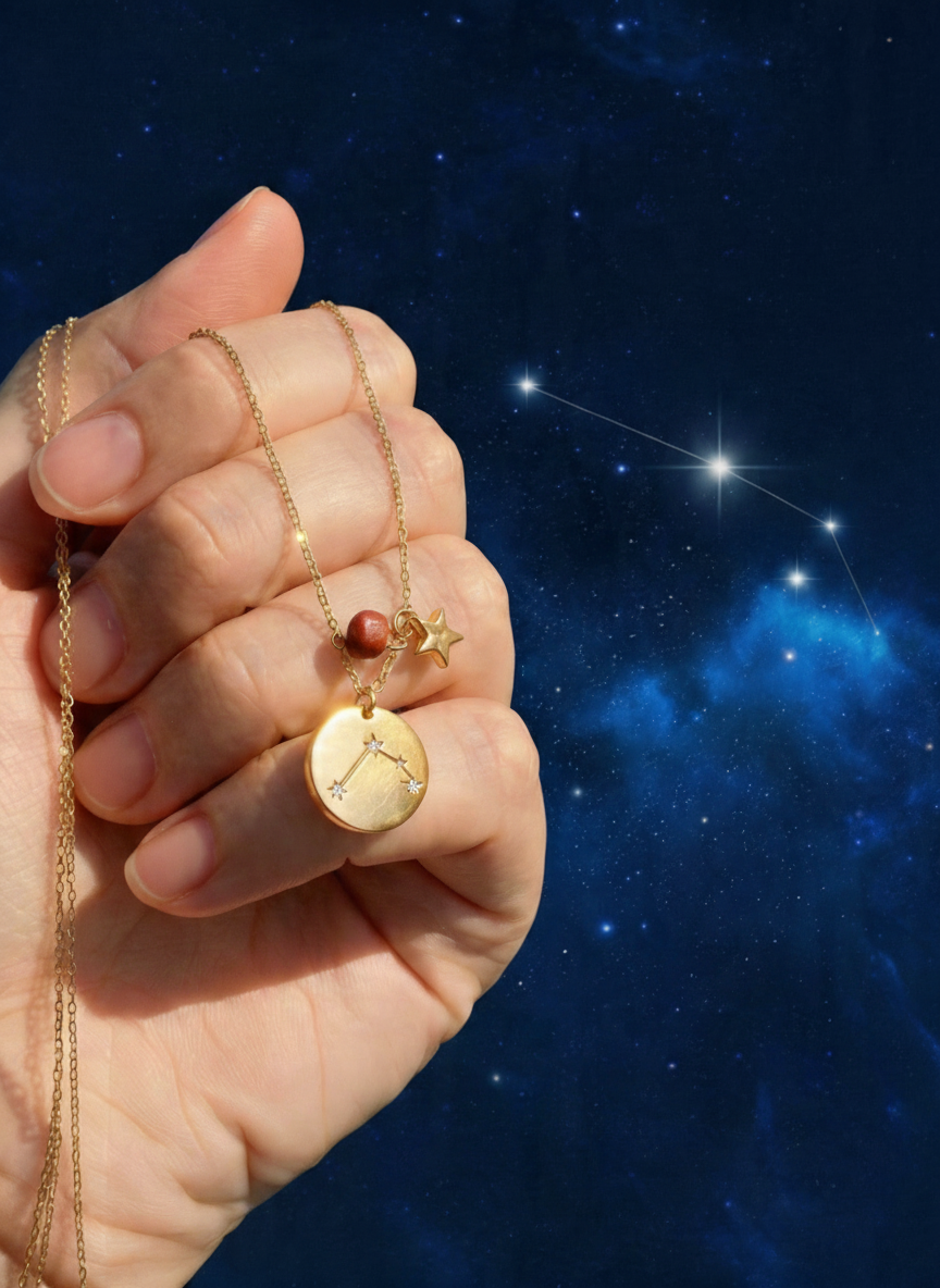 Collar de bronce con dije Aries en baño de oro laminado mate y topacios blancos Zodiac