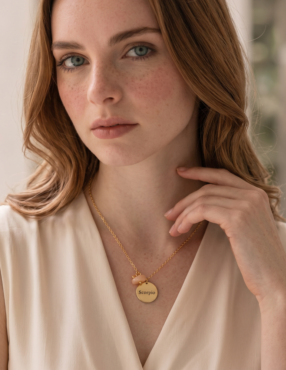 Collar de bronce con dije Escorpio en baño de oro laminado mate y topacios blancos Zodiac