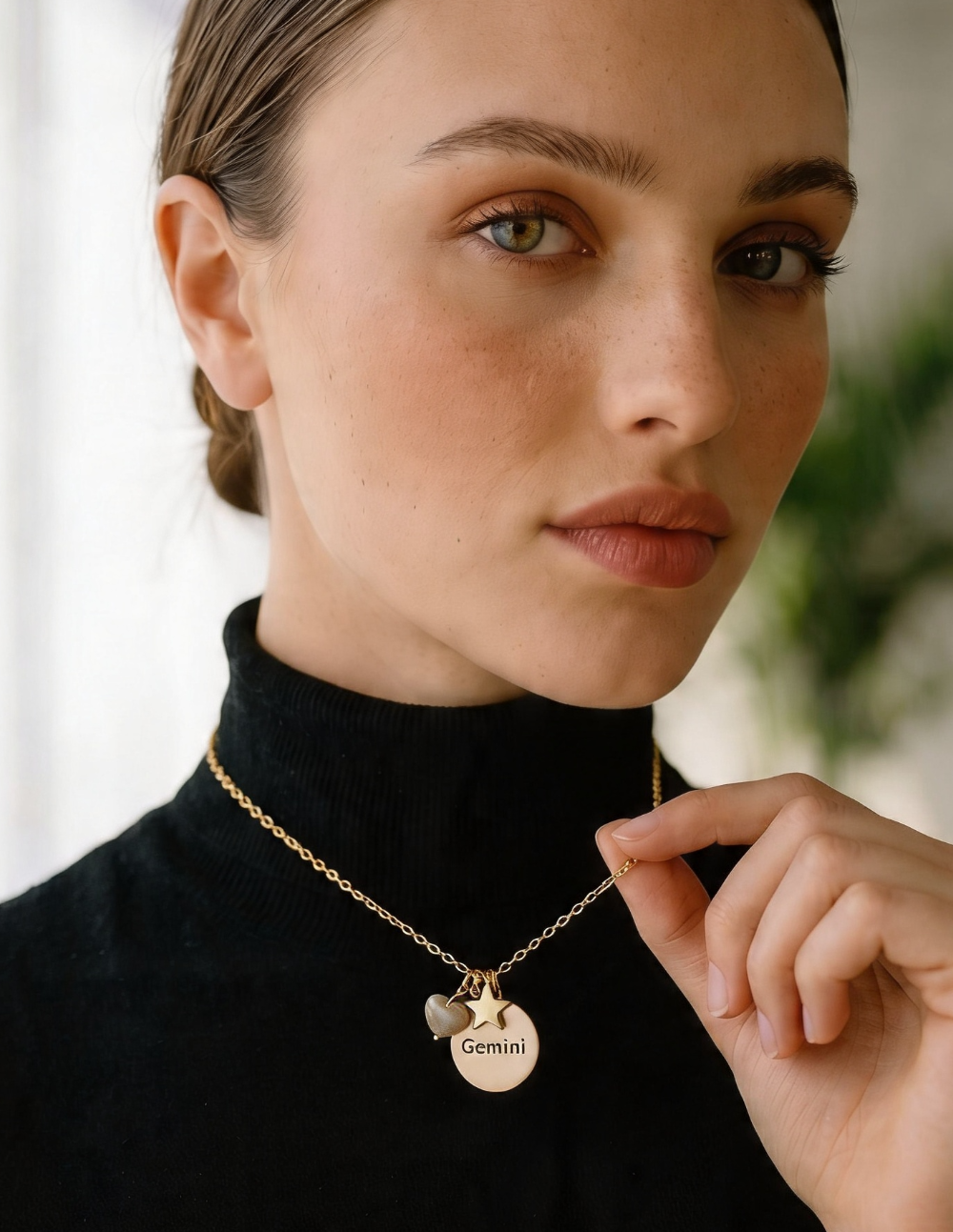 Collar de bronce con dije Géminis en baño de oro laminado mate y topacios blancos Zodiac