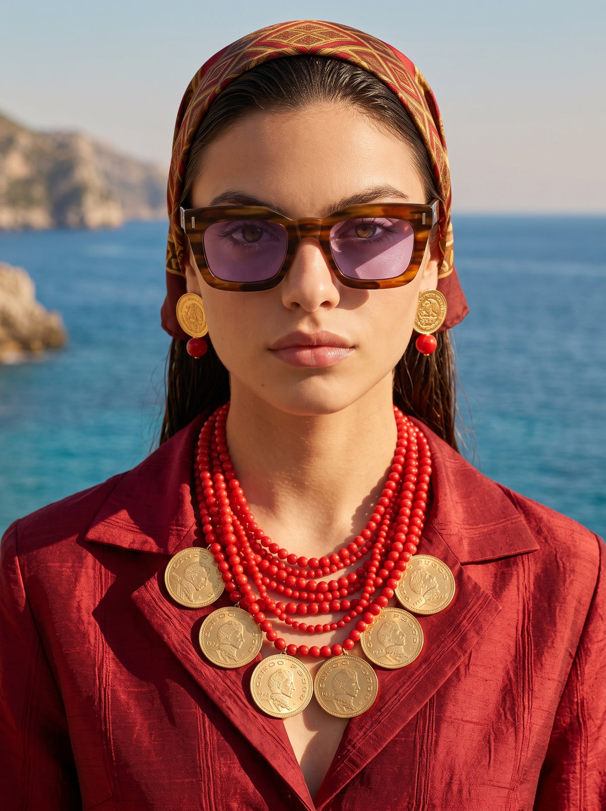 Collar 7 hilos perla roja y monedas vintage Memorias