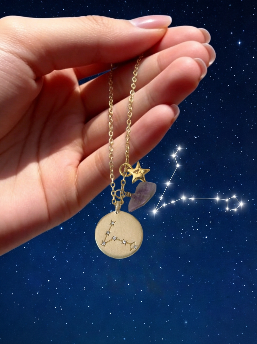 Collar de bronce con dije Piscis en baño de oro laminado mate y topacios blancos Zodiac