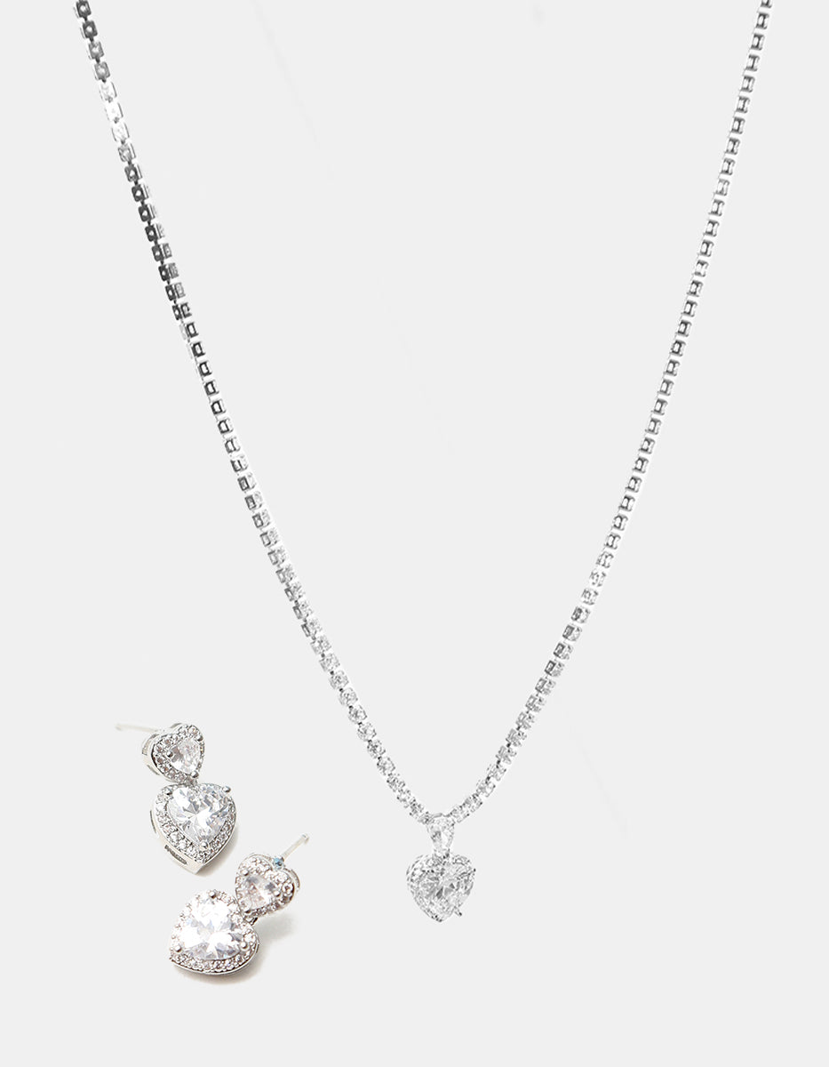 Set de collar en plata .925 con topacio en corte corazón y aretes con doble topacio en corte corazón Love Story