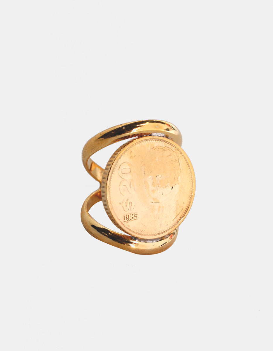 Anillo ajustable 2 argollas con moneda auténtica baño oro 22kt Memorias