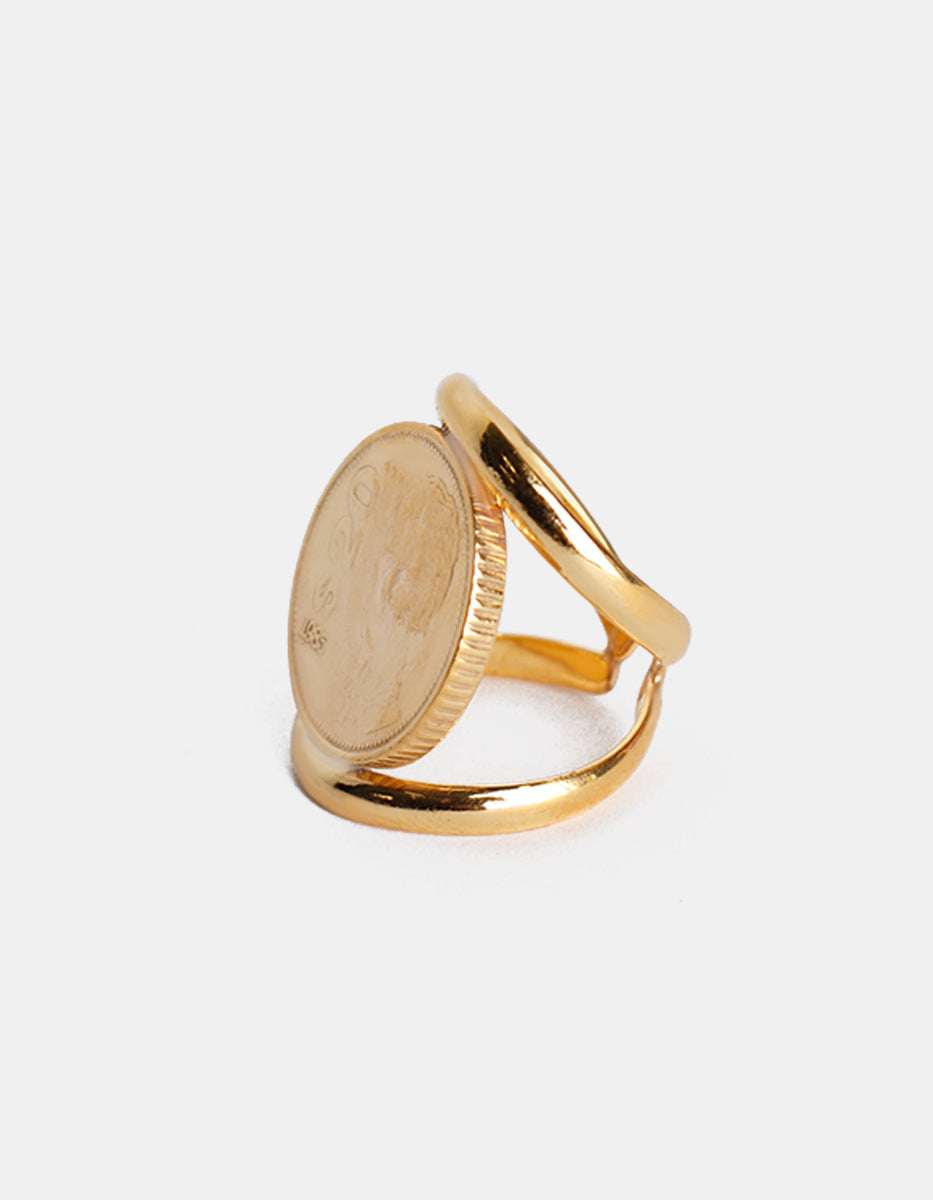 Anillo ajustable 2 argollas con moneda auténtica baño oro 22kt Memorias