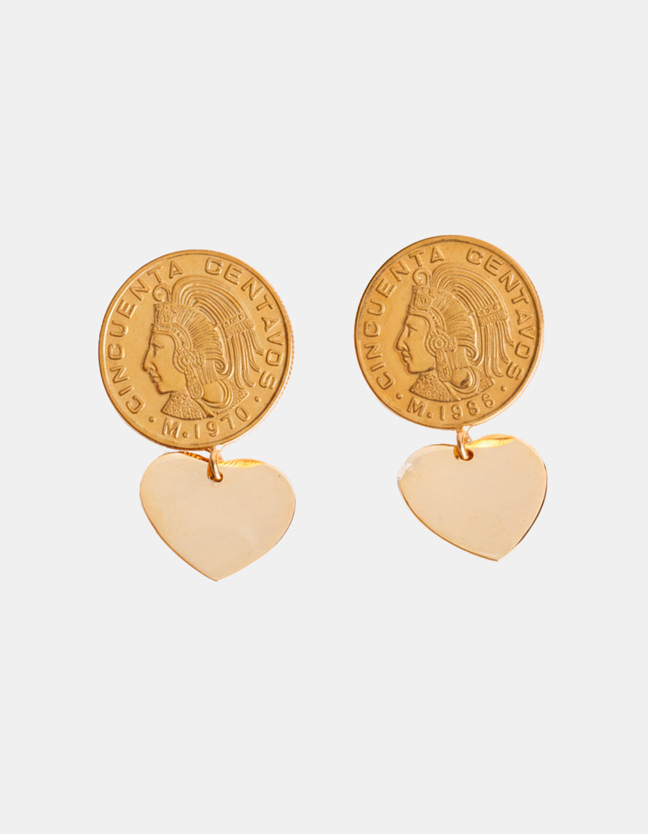 Aretes moneda auténtica corazón Memorias