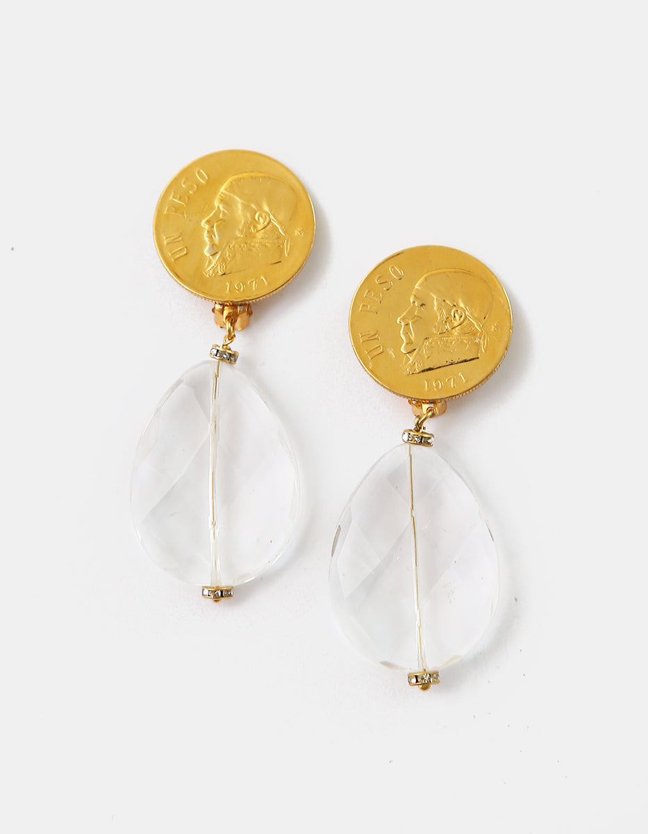 Aretes Colgantes de Moneda Vintage en Baño de Oro de 22kt con Gotas de Cristal Facetado