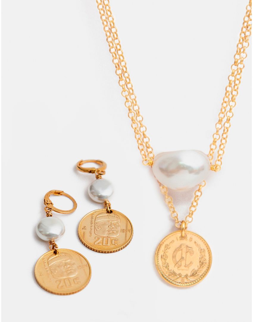 Collar y aretes con monedas y perlas mabe