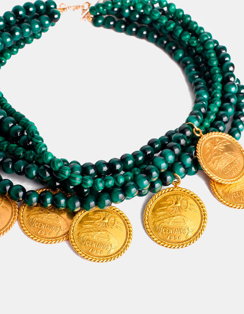 Collar 7 hilos cristal austriaco verde y monedas vintage Memorias