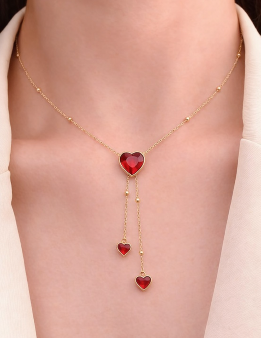 Collar con extensión ajustable hasta 55 cm con 3 corazones de Espinolita Roja tono rubí Love Story