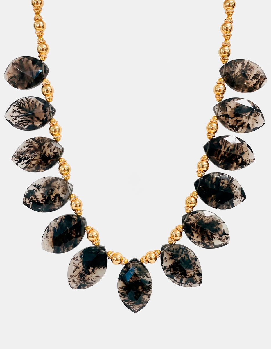 Collar de cuarzo rutilado en corte marquesa con esferas en Gold-Filled de 22kt